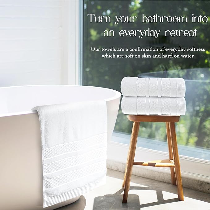 Premium Towel Set: Super absorbent, quick-drying, soft, plush. Features hanging loop, fade-resistant, eco & skin-friendly dyes. Luxury dobby design for bath or spa. (white, Bath Towel Set of 4)