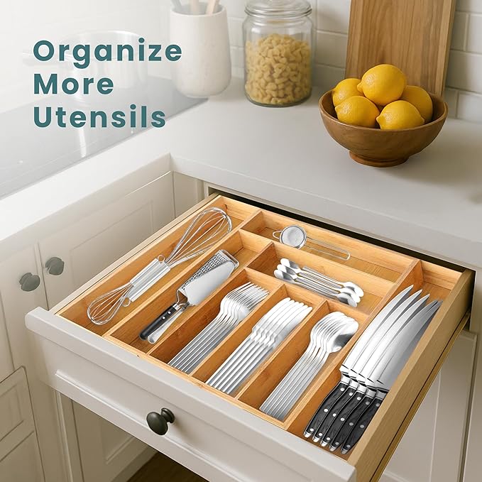 Sben Expandable Drawer Organizer for Utensils Holder, Adjustable Cutlery Tray, Wood Drawer Dividers Organizer for Silverware, Flatware, Knives for Kitchen (Bamboo)
