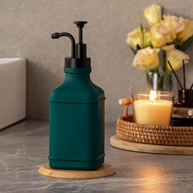 Enra Glass Soap Dispenser with Clear Window,12oz Matte Stainless Steel Hand Pump Dispenser,Hand and Liquid Soap Dispenser Rust Proof Countertop Lotion Bottle (Green-Square-Liquid)