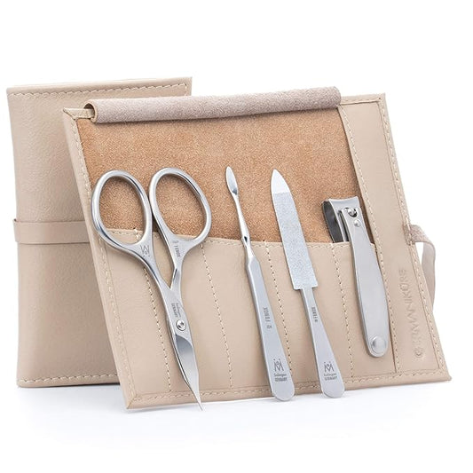 GERMANIKURE 4pc Manicure Set in Beige Leather Case - Made in Solingen Germany, FINOX Stainless Steel Tools – Professional Quality Compact Nail Grooming Kit