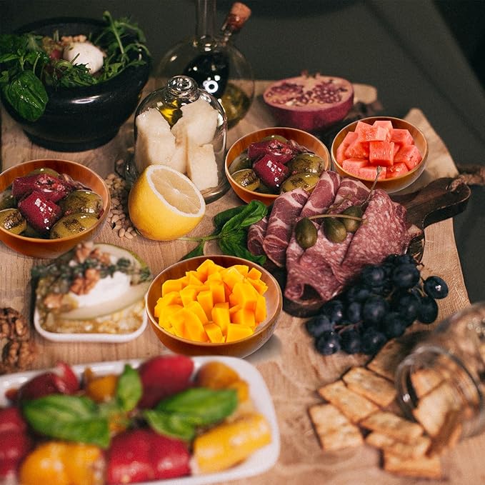 12 Pcs Acacia Wooden Bowls,Hand Carved Small Calabash Bowls, Round Wood Salad Dip Tray for Serving Popcorn, Pasta, Candy, Cereal, Coconut, Nuts, Sauce, Appetizers in Kitchen (4 Inch)