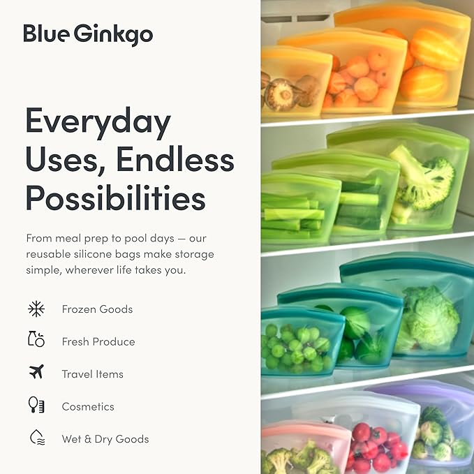 Blue Ginkgo Reusable Silicone Storage Bags – 4-Pack | Korean-Made Stand Up Food, Freezer Bags - Pumkin Yellow