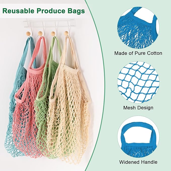 1-Pack Cotton Mesh Bag, Reusable Washable Mesh Net String Grocery Bags, Reusable Produce Bags with Handle, Net Tote Bag for Fruits/Vegetables Shopping [Blue, Short Handle]