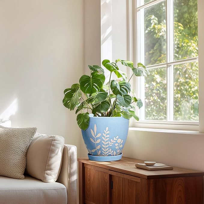 8 Inch Ceramic Plant Pot with Drainage and Saucer - Round Flower Pot for Indoor Outdoor Plants, Round Planter, Desk Office Room Home Decor, Gifts for Plant Lovers, Blue
