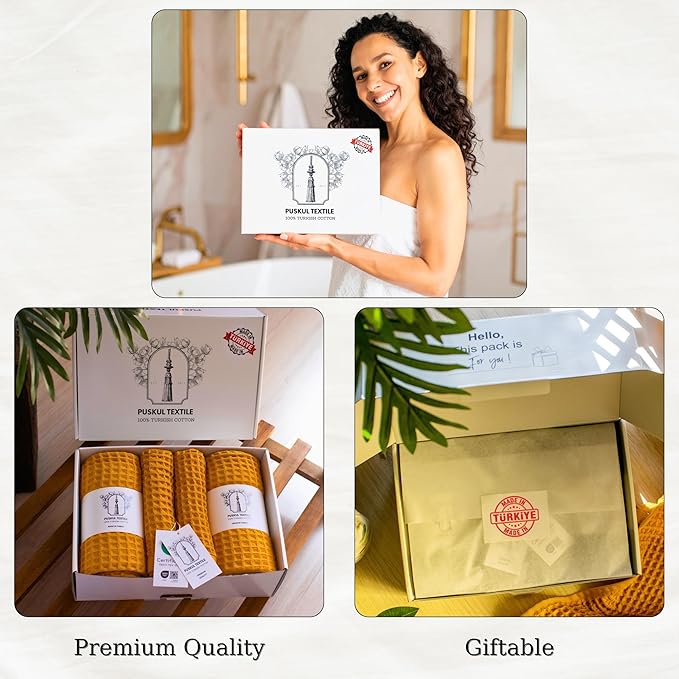 PÜSKÜL - Premium Waffle Towel Set 4 Pieces Mustard - Organic 100% Turkish Cotton Quick-Dry Towels for Bathroom Made in Turkiye (Mustrad Yellow, Towel Set - 2 Hand & 2 Bath Towels)