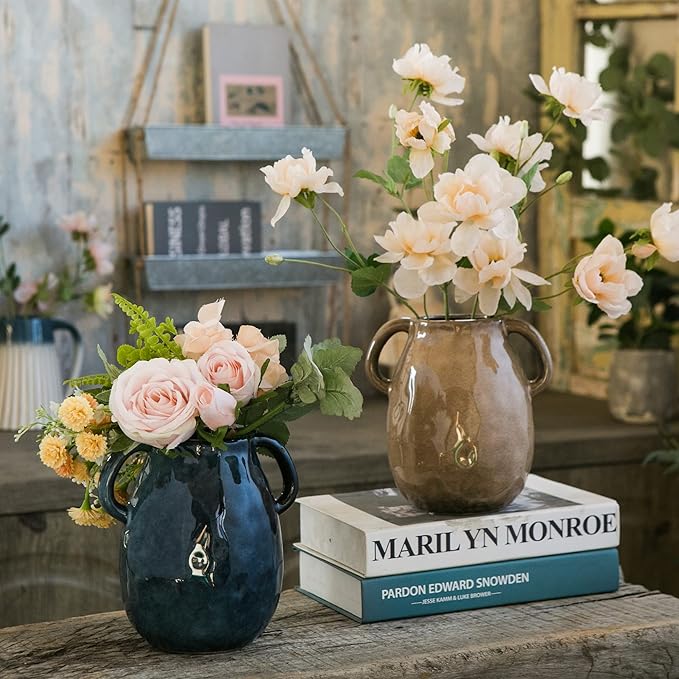 Brown Ceramic Vase with 2 Handles, Modern Farmhouse Decor, Rustic Terracotta Pottery, Decorative Flower Vases, Clay Small Vase, Centerpiece for Dining Table - 7 Inch Tall