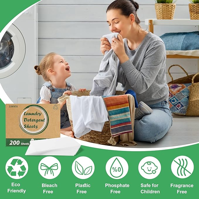 Laundry Detergent Sheets, 200 Count, Fragrance Free, Eco-Friendly, Plastic-Free, Hypoallergenic, Liquidless Washing Supplies for Dorm Travel Camping