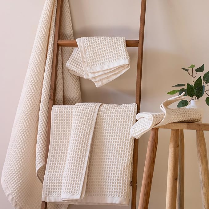 PÜSKÜL - Premium Waffle Towel Set 4 Pieces Natural Raw - Organic 100% Turkish Cotton Quick-Dry Towels for Bathroom Made in Turkiye (Natural Beige, Towel Set - 2 Hand & 2 Bath Towels)