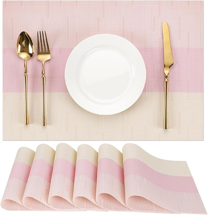 Placemats Set of 6, Vinyl Woven Place Mats Indoor Set of 6 Washable Wipeable PVC Table Mats Heat-Resistant Non Slip Plastic Placemat for Kitchen Dining Outdoor Table (Beige Pink, Set of 6)