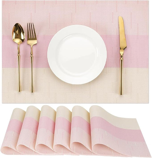 Placemats Set of 6, Vinyl Woven Place Mats Indoor Set of 6 Washable Wipeable PVC Table Mats Heat-Resistant Non Slip Plastic Placemat for Kitchen Dining Outdoor Table (Beige Pink, Set of 6)