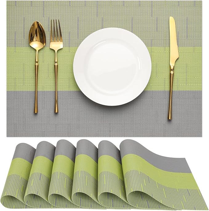 Placemats Set of 6, Vinyl Woven Place Mats Indoor Set of 6 Washable Wipeable PVC Table Mats Heat-Resistant Non Slip Placemat for Kitchen Dining Outdoor Table (Gray Grass Green, Set of 6)