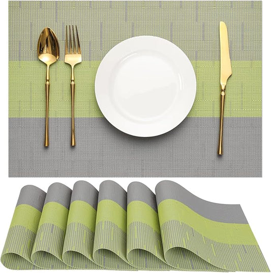 Placemats Set of 6, Vinyl Woven Place Mats Indoor Set of 6 Washable Wipeable PVC Table Mats Heat-Resistant Non Slip Placemat for Kitchen Dining Outdoor Table (Gray Grass Green, Set of 6)