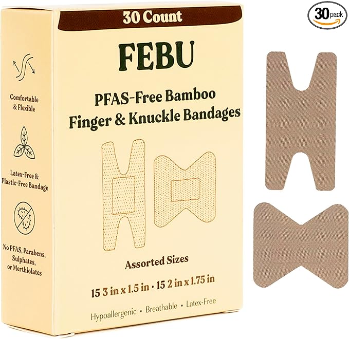 FEBU Eco-Friendly Bamboo Fingertip Bandages | PFAS Free Knuckle Bandages for First Aid | Flexible Fabric Wound Dressing | Fully Compostable, Latex Free Bandage | 30 Count Knuckle & Finger Bandage