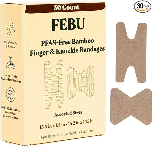 FEBU Eco-Friendly Bamboo Fingertip Bandages | PFAS Free Knuckle Bandages for First Aid | Flexible Fabric Wound Dressing | Fully Compostable, Latex Free Bandage | 30 Count Knuckle & Finger Bandage