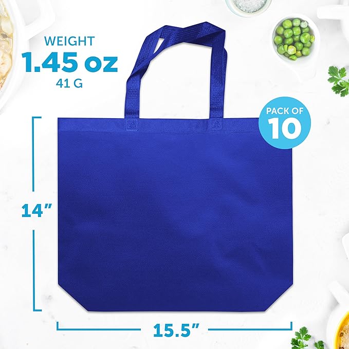 DISCOUNT PROMOS Jumbo Sized Tote Bags Set of 10, Bulk Pack - Reusable Grocery Bags, Shopping Bags, Promotional Item Totes for Women - Blue