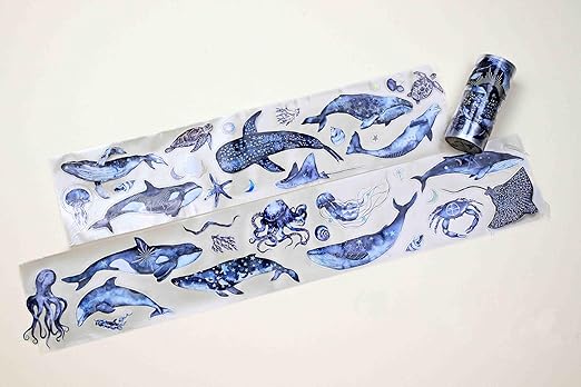Mystical Ocean Transparent Washi Tape 10x5 cm – Decorative Scrapbooking Craft Adhesive Roll, Underwater Sea Life, Fantasy Marine Illustration Design for Journals, Planners, Cards & DIY Projects