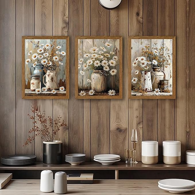 InspiredHues 3 Piece Elegant Farmhouse Canvas Wall Art, Vintage Floral Pictures Wall Decor, Nature Themed Daisy Artwork Prints for Living Room Bedroom Kitchen Home Decoration 12x16 Inch Wood Framed
