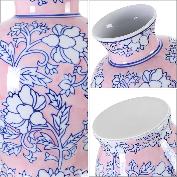 Vintage Chinoiserie Floral Ceramic Vase, Large Rustic Pottery Vases for Living Room, Entryway, Dining Table Centerpiece, Farmhouse Home Décor, Floor or Tabletop Flower Vase, (Pink)