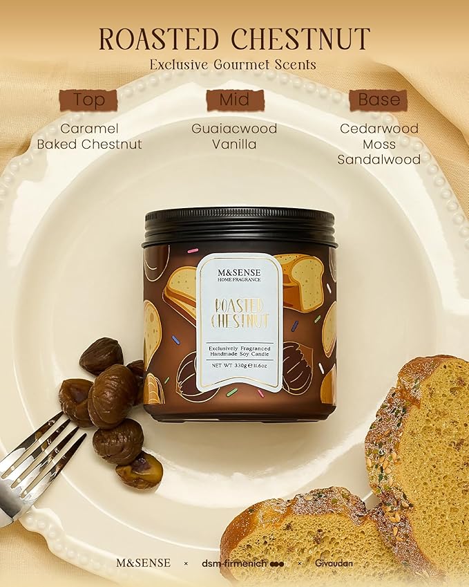 M&SENSE Roasted Chestnut Scented Candle, 11.6oz Natural Soy Wax, 70 Hours Long Lasting Clean Burn, Warm Nutty Aroma for Holiday Home Decor, Non-Toxic Relaxing Winter Gifts for Women