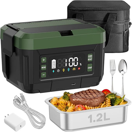 Cordless Electric Lunch Box for Adults – 1.2L Stainless Steel Self-Heating Lunch Box with 20000mAh Removable Rechargeable Battery, Portable Heated Food Warmer for Work, Travel & Office