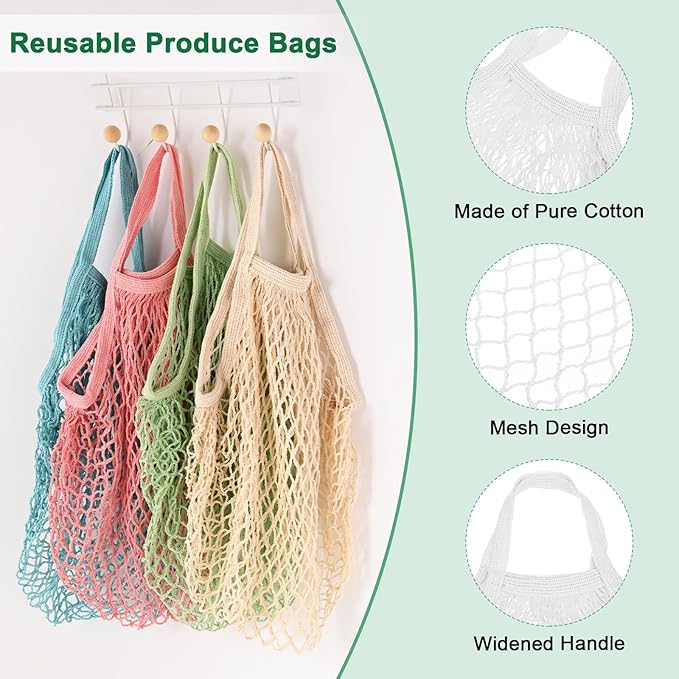 1-Pack Cotton Mesh Bag, Reusable Washable Mesh Net String Grocery Bags, Reusable Produce Bags with Handle, Net Tote Bag for Fruits/Vegetables Shopping [White, Short Handle]