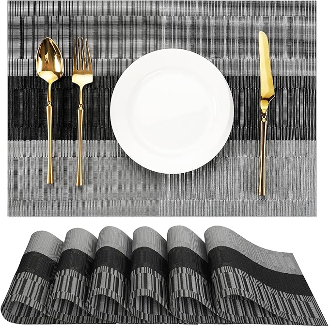 Placemats Set of 6, Vinyl Woven Place Mats Indoor Set of 6 Washable Wipeable PVC Table Mats Heat-Resistant Non Slip Plastic Placemat for Kitchen Dining Outdoor Table (Gray Black, Set of 6)