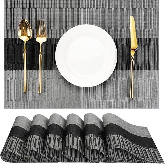 Placemats Set of 6, Vinyl Woven Place Mats Indoor Set of 6 Washable Wipeable PVC Table Mats Heat-Resistant Non Slip Plastic Placemat for Kitchen Dining Outdoor Table (Gray Black, Set of 6)