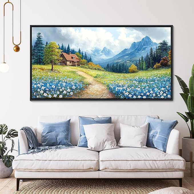 CHATYOUNG Framed Wall Art Landscape Paintings, Blue Misty Mountains Rustic Canvas Prints Farmhouse Cottage Wall Pictures Large 24"X48" for Living Room Bedroom Bathroom Home Decor Moving Gift