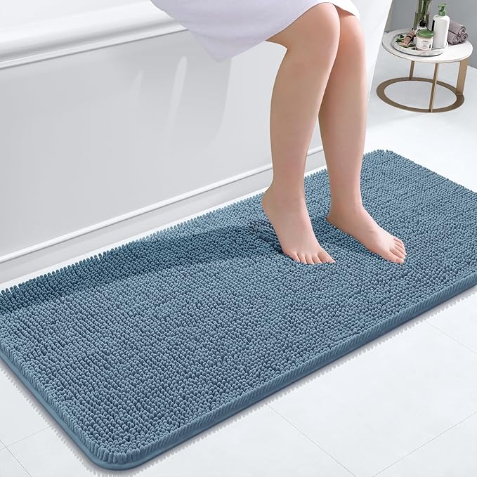 OLANLY Bathroom Rugs 47x20, Extra Soft Absorbent Chenille Bath Rugs, Rubber Backing Quick Dry, Machine Washable Bath Mats for Bathroom Floor, Tub and Shower, Home Decor Accessories, Airy Blue