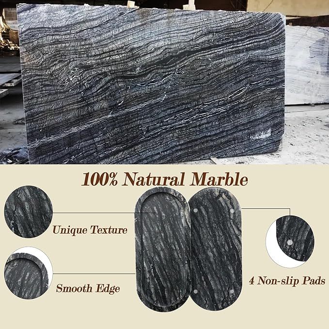 100% Real Natural Marble Tray for Bathroom, Luxury Ancient Wood Grain Stone Vanity Tray, Decorative Oval Trays for Countertop Storage Organizer, Vanity Dresser Kitchen Home Decor, Black