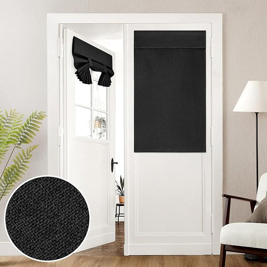 HOMEIDEAS 100% Linen Blackout French Door Curtains, Privacy Door Window Curtains, 26 X 40 Inch Room Darkening Blinds, Thermal Insulated Shades for Bedroom, 1 Panel, Black