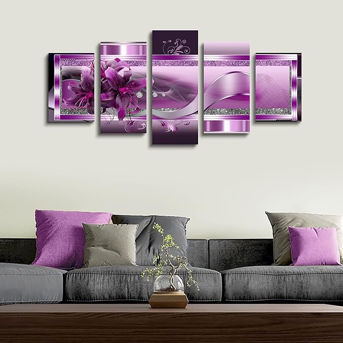 LUDUHU Purple Orchid Flowers Canvas Print - Abstract Red Floral Poster Wall Art Painting Decor for Home Decoration Artwork Picture Bedroom Purple Floral (C,Oversize 80x40inch)