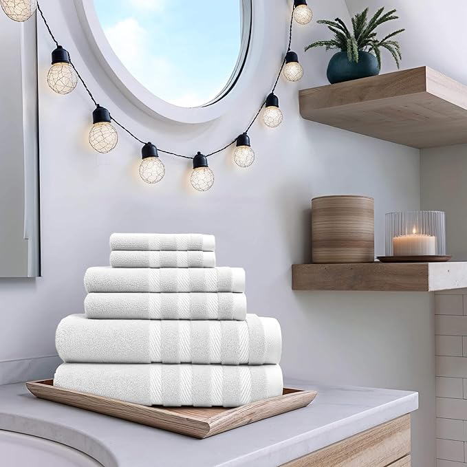 Hearth & Harbor Bath Towels for Bathroom - 100% Ring Spun Cotton Luxury Bathroom Towels - Soft & Highly Absorbent Bath Towels Set, 6 Piece Set, White