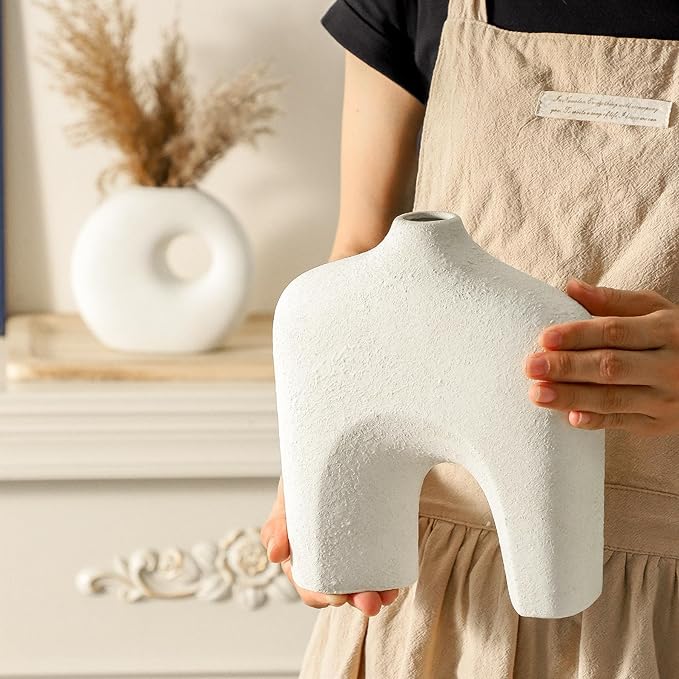 Ceramic Vase Set of 2, Modern Donut Vases for Minimalist Nordic Home Decor, Waterproof Round Vase, Decorative Centerpiece Vases for Living Room, Entryway, Bookshelf, Table Decor (Off White)