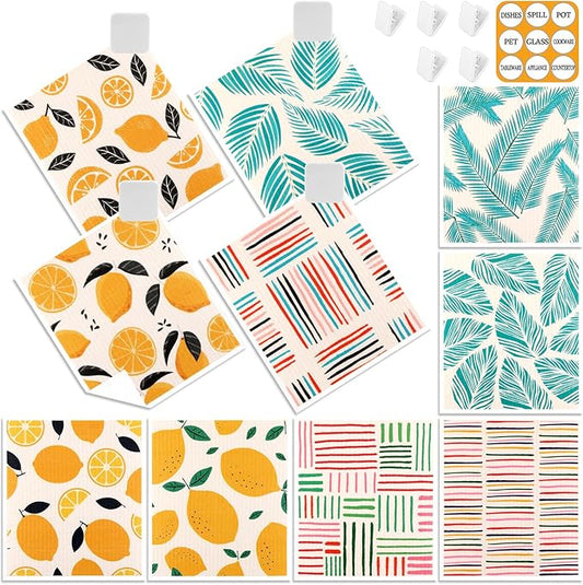 Lucomb 10 Pack Swedish Dishcloths Washable, Reusable Swedish Cloths Biodegradable Kitchen Towels with Hanging Clips, Cellulose Cotton Blend, Lemon Prints