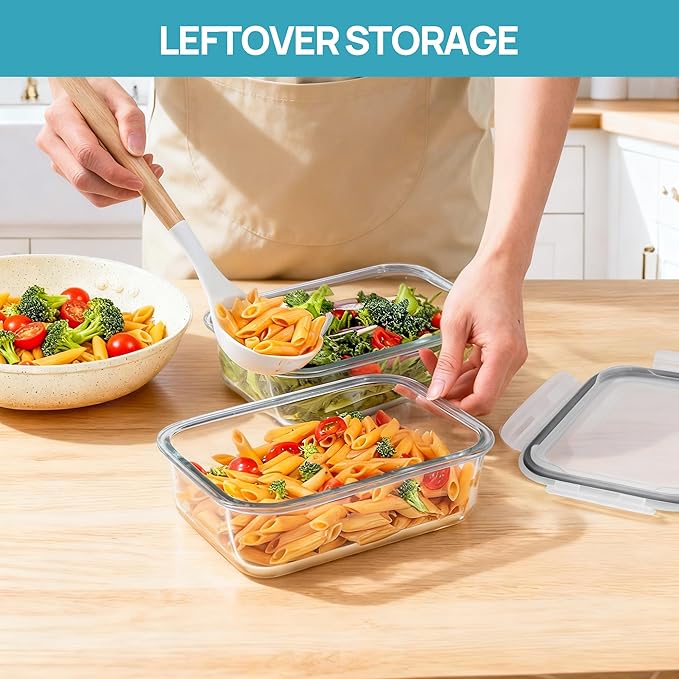 Vtopmart 2Pack 1500ml/50.7oz Large Glass Storage Containers with Lids, Meal Prep Food Container Set with Snap Airtight Lid for Baking, Microwave, Oven, Leak Proof, for Freezer, Dishwasher, Grey