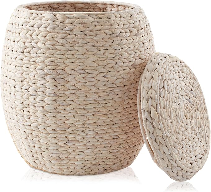 Casafield Round Storage Basket with Lid - Whitewash, Handwoven Water Hyacinth Organizer for Laundry, Blankets, Plants, Bedroom, Living Room, Home Office