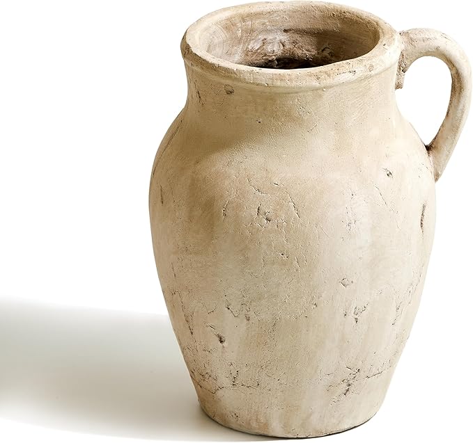 LB2 Rustic Ceramic Vase, 10.6" Tall Zen Style vase, Terra Cotta Pitcher, Distressed Farmhouse Decor, Pottery Decorative Flower Vase for Home Decor