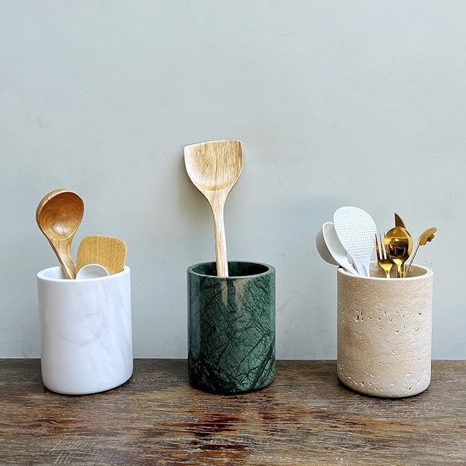 Handmand Natural Marble with Holes Stone Vintage Kitchen Utensil Holder - 5.1" D X 6.3" H Kitchen Counter Organizers and Storage Tool Crock (Beige Stone)