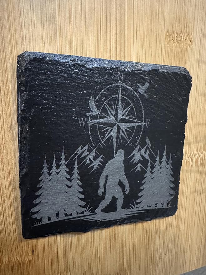 Wilderness Compass Slate Coasters, Natural Black Stone with Bigfoot Forest Design, Decorative Home Accessories, Set of 4