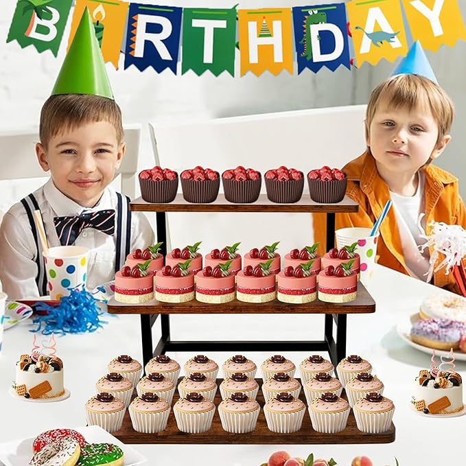 3 Tier Cupcake Stand for 50 Cupcakes,Wood Metal Riser Dessert Table Display Stand,Rustic Stepped Cupcake Ladder Tiered Tray Stand for Party Farmhouse Wedding Birthday Graduation