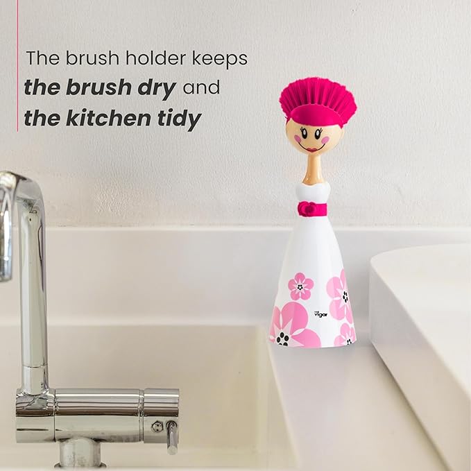 Vigar Dolls April Dish Brush with Ergonomic Handle and Dres-shaped Storage Holder - Scrub Brush for Pans, Pots, Kitchen Sink Cleaning, White, Pink