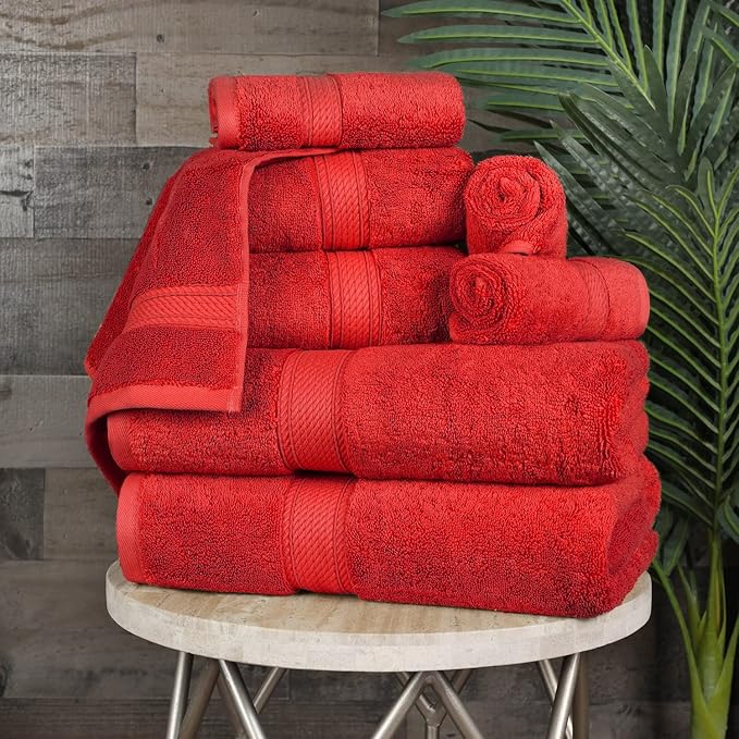BLUENILEMILLS Madison Egyptian Cotton Towels, Towel Set for Bathroom, Shower, Hotel, Plush, 900 GSM, Highly Absorbent and Ultra-Soft Towels, Bath Essentials, 8 Piece Assorted Towel Set, Red
