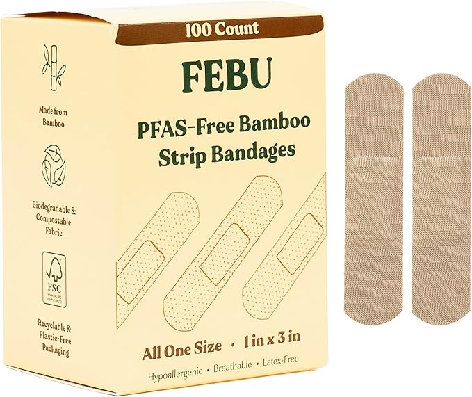 FEBU Bamboo Fabric Bandages | PFAS Free Flexible Fabric Bandages | Latex Free Bandage | Natural Hypoallergenic Bandage for Scrapes, Cuts & First Aid | 1in x 3in | 100 Count Pack