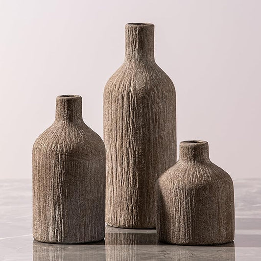 Ceramic Vase Home Table Decor - Brown Flower Vase Set of 3 Living Room Kitchen Decorations Farmhouse Modern Rustic Vases Decorative Centerpiece for Shelf Bedroom Office Bathroom Dining Coffee Desk