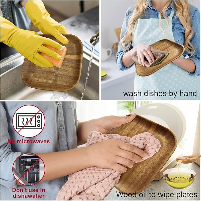 MinBoo Wooden Acacia Plates set of 3, 9-6Inch Wood Acacia Serving Trays, Farmhouse Kitchen Plates, Reusable Wooden Dishware for Dining, Appetizers, Snacks, Parties (square)