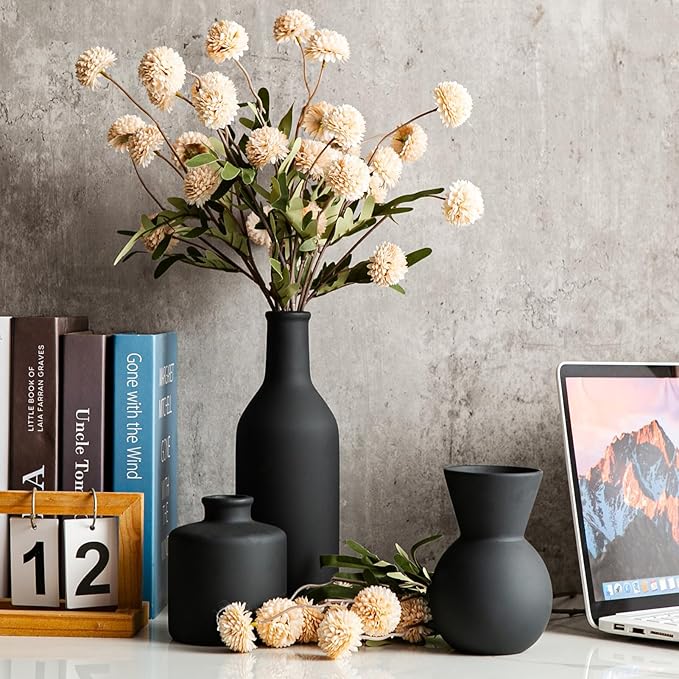 Fake Flowers in Vase for Centerpieces, Faux Flowers in Modern Ceramic Vase Set of 3 with 8 Artificial Autumn Chrysanthemums Artificial Decorative Swags