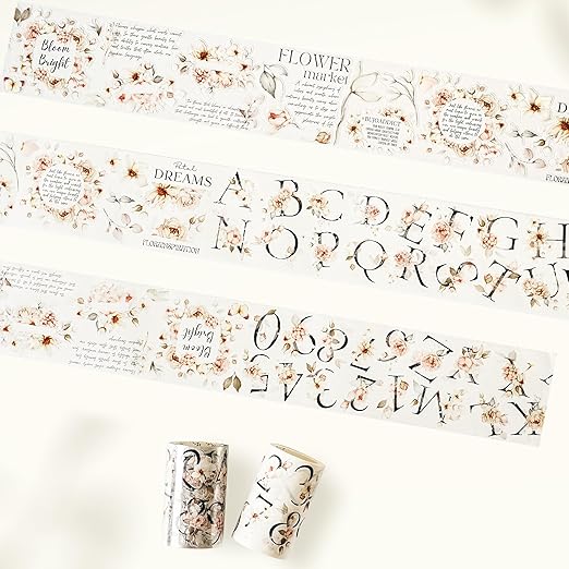 WT Pre-Cut Rosé Scripts Wide PET Tape, Single Roll, Original Designs, Blush Floral & Handwritten Script, Clear Decorative Tape for Junk Journal, Scrapbook, Bujo, Planner, DIY Crafts