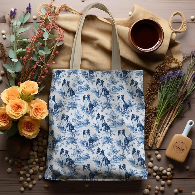 French Country Border Collie Tote Bag, Border Collie Gifts for Women, Blue and White Chinoiserie Dog Canvas Tote Bags for Women, Vintage Dog Reusable Grocery Shopping Bag