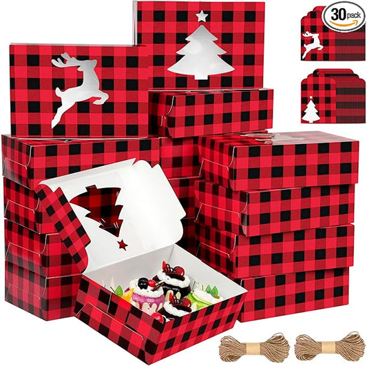 Ruisita 30 Pack Christmas Cupcake Boxes Plaid Cookie Gift Boxes Food Treats Container with Tags for Cupcake, Candy, Party Favors (Red+Black, 10 x 6.3 x 3 Inches)